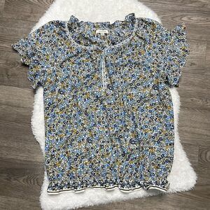 Max Studio Shirt Women Size Large Blue Floral Ruffle Spring Lightweight